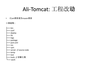 Ali-Tomcat: 工程改动
• 把ant项目改为maven项目
目录结构：
├── bin
├── conf
├── deploy
├── lib
├── logs
├── package
├── pom.xml
├── res
├── rpm
├── server // source code
├── temp
├── test
├── tools // 诊断工具
└── work
 