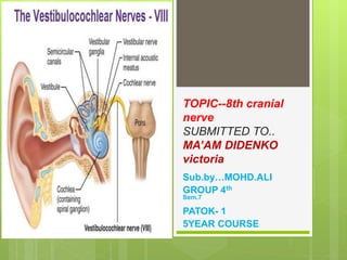 TOPIC--8th cranial
nerve
SUBMITTED TO..
MA’AM DIDENKO
victoria
Sub.by…MOHD.ALI
GROUP 4th
Sem.7
PATOK- 1
5YEAR COURSE
 