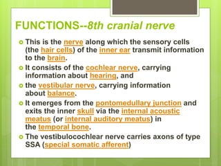 FUNCTIONS--8th cranial nerve
 This is the nerve along which the sensory cells
(the hair cells) of the inner ear transmit information
to the brain.
 It consists of the cochlear nerve, carrying
information about hearing, and
 the vestibular nerve, carrying information
about balance.
 It emerges from the pontomedullary junction and
exits the inner skull via the internal acoustic
meatus (or internal auditory meatus) in
the temporal bone.
 The vestibulocochlear nerve carries axons of type
SSA (special somatic afferent)
 