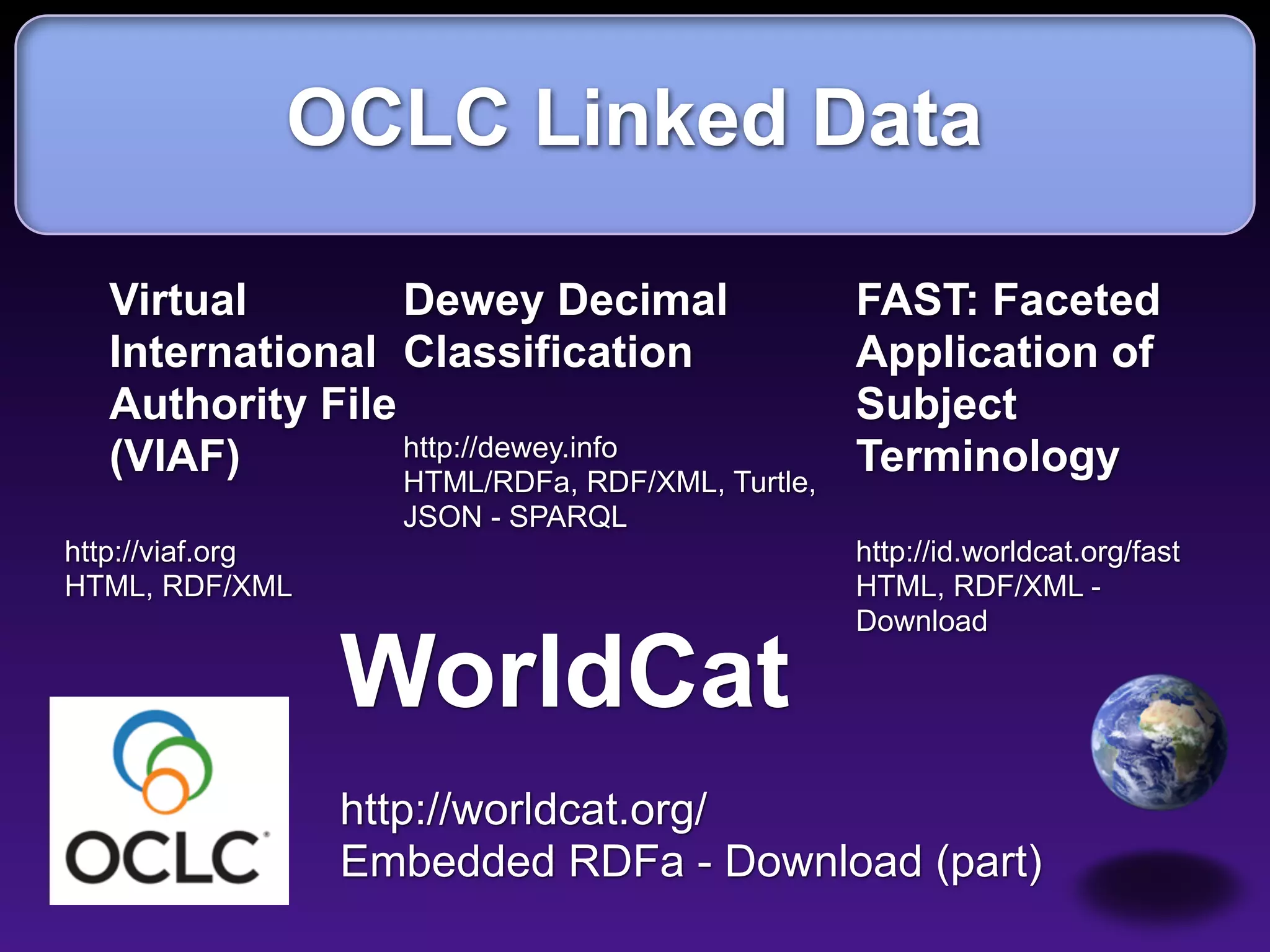 OCLC Linked Data

  Virtual        Dewey Decimal                 FAST: Faceted
  International Classification                 Application of
  Authority File                               Subject
  (VIAF)         http://dewey.info             Terminology
                 HTML/RDFa, RDF/XML, Turtle,
                    JSON - SPARQL
http://viaf.org                                http://id.worldcat.org/fast
HTML, RDF/XML                                  HTML, RDF/XML -
                                               Download

                  WorldCat
                  http://worldcat.org/
                  Embedded RDFa - Download (part)
 