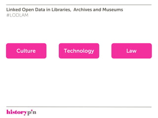Linked Open Data in Libraries, Archives and Museums
#LODLAM




    Culture              Technology                   Law
 