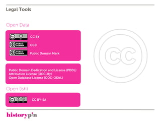 Legal Tools


Open Data

              CC BY

              CC0

              Public Domain Mark




 Public Domain Dedication and License (PDDL)
 Attribution License (ODC-By)
 Open Database License (ODC-ODbL)


Open (ish)

               CC BY-SA
 