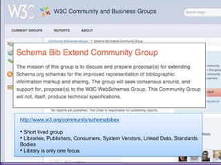 http://www.w3.org/community/schemabibex

• Short lived group
• Libraries, Publishers, Consumers, System Vendors, Linked Data, Standards
Bodies
• Library is only one focus
 