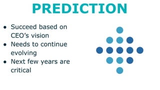 PREDICTION
● Succeed based on
CEO’s vision
● Needs to continue
evolving
● Next few years are
critical
 