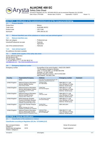 ALIACINE 400 EC
Safety Data Sheet
according to Regulation (EC) No. 1907/2006 (REACH) with its amendment Regulation (EU) 2015/830
Date of issue: 27/07/2006 Revision date: 2/12/2015 Supersedes: 1/12/2015 Version: 7.2
16/12/2015 EN (English) 1/11
SECTION 1: Identification of the substance/mixture and of the company/undertaking
1.1. Product identifier
Product form : Mixture
Trade name : ALIACINE 400 EC
Product code : CA711246
Synonyms : CIPC 400 G/L EC
1.2. Relevant identified uses of the substance or mixture and uses advised against
1.2.1. Relevant identified uses
Main use category : Professional use
Industrial/Professional use spec : Pesticide
Agriculture
Use of the substance/mixture : Herbicide
1.2.2. Uses advised against
No additional information available
1.3. Details of the supplier of the safety data sheet
Arysta LifeScience Benelux
Rue de Renory 26/1
B-4102 Ougrée - Belgium
T +32 (0)4 385 97 11 - F +32 (0)4 385 97 49
sdsin@arysta.com - http://www.arystalifescience.com
1.4. Emergency telephone number
Emergency number : Europe/Rest of the world (English): +44(0)1235 239670
112 (European Emergency Number)
USA: +1 215 207 0061 or 001866 928 0789
Australia: +61 2801 44558
People's Republic of China: + 86 10 5100 3039
New Zealand: +64 9929 1483
Country Organisation/Company Address Emergency number Comment
WHO http://www.who.int/gho/phe/chemical_saf
ety/poisons_centres/en/index.html
United Kingdom National Poisons Information
Service (Belfast Centre)
Royal Victoria Hospital
Grosvenor Road
BT12 6BA Belfast
0844 892 0111 (UK
only, Monday to Friday,
08.00 to 18.00 hours)
United Kingdom National Poisons Information
Service (Birmingham Centre)
City Hospital, Guy's & St Thomas'
Hospital Trust
Dudley Road
B18 7QH Birmingham
0844 892 0111 (UK
only, Monday to Friday,
08.00 to 18.00 hours)
United Kingdom National Poisons Information
Service (Cardiff Centre)
Gwenwyn Ward, Wolfson Unit
Penarth
CF64 2XX Cardiff
0844 892 0111 (UK
only, Monday to Friday,
08.00 to 18.00 hours)
United Kingdom NPIS Edinburgh (Scottish
Poisons Information Bureau)
Royal Infirmary of Edinburgh, Centre
Hospitalier Universitaire Bab el Oued
51 Little France Crescent
EH16 4SA Edinburgh
0844 892 0111 (UK
only, Monday to Friday,
08.00 to 18.00 hours)
United Kingdom Guy's & St Thomas' Poisons
Unit
Medical Toxicology Unit, Centre
Hospitalier Universitaire de Constantine
Avonley Road
SE14 5ER London
0870 243 2241
United Kingdom National Poisons Information
Service (Newcastle Centre)
Regional Drugs and Therapeutics Centre
Claremont Place
Newcastle-upon-Tyne
NE1 4LP Newcastle
0844 892 0111 (UK
only, Monday to Friday,
08.00 to 18.00 hours)
SECTION 2: Hazards identification
2.1. Classification of the substance or mixture
Classification according to Regulation (EC) No. 1272/2008 [CLP]Mixture/Substance: SDS EU 2015: According to Regulation (EU) 2015/830
(REACH Annex II)
Skin corrosion/irritation,
Category 2
H315 Annex VII conversion
Serious eye damage/eye
irritation, Category 2
H319 Expert judgment
 