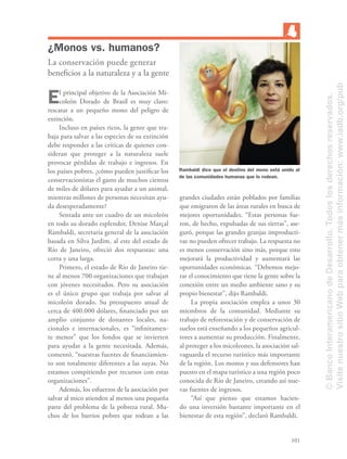 101
¿Monos vs. humanos?
La conservación puede generar
beneﬁcios a la naturaleza y a la gente
El principal objetivo de la Asociación Mi-
coleón Dorado de Brasil es muy claro:
rescatar a un pequeño mono del peligro de
extinción.
Incluso en países ricos, la gente que tra-
baja para salvar a las especies de su extinción
debe responder a las críticas de quienes con-
sideran que proteger a la naturaleza suele
provocar pérdidas de trabajo e ingresos. En
los países pobres, ¿cómo pueden justiﬁcar los
conservacionistas el gasto de muchos cientos
de miles de dólares para ayudar a un animal,
mientras millones de personas necesitan ayu-
da desesperadamente?
Sentada ante un cuadro de un micoleón
en todo su dorado esplendor, Denise Marçal
Rambaldi, secretaria general de la asociación
basada en Silva Jardim, al este del estado de
Río de Janeiro, ofreció dos respuestas: una
corta y una larga.
Primero, el estado de Río de Janeiro tie-
ne al menos 700 organizaciones que trabajan
con jóvenes necesitados. Pero su asociación
es el único grupo que trabaja por salvar al
micoleón dorado. Su presupuesto anual de
cerca de 400.000 dólares, ﬁnanciado por un
amplio conjunto de donantes locales, na-
cionales e internacionales, es “inﬁnitamen-
te menor” que los fondos que se invierten
para ayudar a la gente necesitada. Además,
comentó, “nuestras fuentes de ﬁnanciamien-
to son totalmente diferentes a las suyas. No
estamos compitiendo por recursos con estas
organizaciones”.
Además, los esfuerzos de la asociación por
salvar al mico atienden al menos una pequeña
parte del problema de la pobreza rural. Mu-
chos de los barrios pobres que rodean a las
grandes ciudades están poblados por familias
que emigraron de las áreas rurales en busca de
mejores oportunidades. “Estas personas fue-
ron, de hecho, expulsadas de sus tierras”, ase-
guró, porque las grandes granjas improducti-
vas no pueden ofrecer trabajo. La respuesta no
es menos conservación sino más, porque esto
mejorará la productividad y aumentará las
oportunidades económicas. “Debemos mejo-
rar el conocimiento que tiene la gente sobre la
conexión entre un medio ambiente sano y su
propio bienestar”, dijo Rambaldi.
La propia asociación emplea a unos 30
miembros de la comunidad. Mediante su
trabajo de reforestación y de conservación de
suelos está enseñando a los pequeños agricul-
tores a aumentar su producción. Finalmente,
al proteger a los micoleones, la asociación sal-
vaguarda el recurso turístico más importante
de la región. Los monos y sus defensores han
puesto en el mapa turístico a una región poco
conocida de Río de Janeiro, creando así nue-
vas fuentes de ingresos.
“Así que pienso que estamos hacien-
do una inversión bastante importante en el
bienestar de esta región”, declaró Rambaldi.
Rambaldi dice que el destino del mono está unido al
de las comunidades humanas que lo rodean.
©BancoInteramericanodeDesarrollo.Todoslosderechosreservados.
VisitenuestrositioWebparaobtenermásinformación:www.iadb.org/pub
 