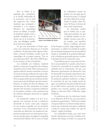 70
Pero en Yaxhá, el ar-
queólogo jefe, normalmen-
te la estrella indiscutible de
la excavación, está al nivel
del arquitecto jefe, Víctor
Sandoval, que acompañó a
Avendaño y a su visitante.
Mientras los arqueólogos
hacían su trabajo, el equipo
de Sandoval tomaba notas y
medidas detalladas para su
futuro uso en la reconstruc-
ción más ﬁdedigna posible
de la estructura original.
Lo que está ocurriendo en Yaxhá repre-
senta una revolución silenciosa en el mundo
académico. Al principio hubo algunos refun-
fuños, comentó Avendaño, incluso entre los
arqueólogos de su propia empresa. “Fue un
poco duro para ellos”, dijo. Pero al BID le gus-
tó el concepto y le dio su bendición.
Los resultados son evidentes. Sandoval
deslizó su mano por la superﬁcie de un bloque
de piedra recién cortado. Hasta cierto punto su
equipo utiliza los mismos materiales y técnicas
de construcción que utilizaron los mayas, dijo.
Lapiedravienedelascanterasoriginalesmayas.
Perosuequipoutilizasierrascondientesdedia-
mante para cortar los bloques, por dos razones.
Primero, el trabajo de picar los bloques con
herramientas de sílex consumiría un tiempo
absurdo. Por otra parte, la apariencia diferente
de las piedras cortadas a sierra permitirá que
los visitantes distingan claramente lo original
de lo nuevo.
Un tratamiento similar se le da a la ar-
gamasa. Los cementos de hoy se endurecen
demasiado al secarse como para integrarse
de una manera aceptable con los materiales
existentes. Si las características físicas de los
materiales son diferentes, los cambios de tem-
peratura pueden provocar movimientos inter-
nos que pueden poner en peligro la integridad
estructural del ediﬁcio. Por lo tanto en Yaxhá
los trabajadores juntan las
piedras con cal, igual que lo
hicieron los mayas. Y, al igual
que ellos, fabrican la cal que-
mando la piedra caliza du-
rante 48 horas en hornos de
leña a altas temperaturas.
Es interesante resaltar
que la madera que se que-
maba para producir cal, que
se utilizaba también en can-
tidades enormes para dar a
los templos una superﬁcie
blanca y brillante, provenía
de los bosques cercanos. Según algunas inter-
pretaciones, se utilizó tal cantidad de madera
que los bosques desaparecieron, provocando la
erosión y la pérdida de la productividad agrí-
cola, y ﬁnalmente generando guerras e incluso
la desaparición de la civilización maya.
Un problema para la restauración de Yax-
há es la porosidad de la piedra caliza local y
el deterioro inexorable de la piedra original
utilizada para la restauración. Así que, tras
laboriosos experimentos de laboratorio, Keit
Sei desarrolló una fórmula especial para alar-
gar la vida de la piedra caliza. En vez de usar
los productos químicos modernos, se llegó a
la conclusión de que una simple mezcla de
agua, cal y polímero natural extraído de la raíz
de un árbol nativo, inyectado en las piedras,
produce una reacción química que podría
alargar su vida entre 500 y 1.000 años, según
Avendaño.
La preferencia por las soluciones locales
es un distintivo de Keit Sei, cuyo personal es
totalmente guatemalteco. “Ofrecemos trabajo
a los guatemaltecos y al mismo tiempo demos-
tramos que Guatemala tiene gente cualiﬁcada
a todos los niveles para realizar este tipo de
trabajo”, explicó Avendaño.
Los trabajadores locales, que están entre
más de 140 personas en el sitio, también se be-
neﬁcian del trabajo en Yaxhá. La mayoría de
Modernas escaleras facilitan el as-
censo a los templos de Yaxhá.
©BancoInteramericanodeDesarrollo.Todoslosderechosreservados.
VisitenuestrositioWebparaobtenermásinformación:www.iadb.org/pub
 