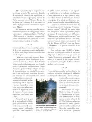 78
¿Qué se puede hacer para asegurar la pro-
tección de la región? En gran parte depende
de encontrar la forma de que la población lo-
cal se beneﬁcie de los parques y reservas de
Petén, responde Javier Márquez, director de
la Fundación Defensores de la Naturaleza en
Petén, el grupo conservacionista más impor-
tante del país.
Así, aunque en muchas partes las relacio-
nes entre organismos oﬁciales y grupos conser-
vacionistas no son fáciles, en Petén, el CONAP
y Defensores de la Naturaleza persiguen ob-
jetivos similares e incluso comparten la admi-
nistración de ciertas áreas protegidas.
Castañeda trabaja en una oscura oﬁcina pinta-
da de verde, no por su vocación ambientalis-
ta, dice él, sino porque anteriormente fue una
sala de hospital.
Hasta hace muy poco, comentó Casta-
ñeda, el gobierno había abandonado prácti-
camente el área de la Reserva de la Biosfera
Maya, considerándola casi como una tierra de
nadie. El punto más conﬂictivo era el Parque
Nacional Laguna del Tigre, refugio, más que
de fauna y ﬂora, de una variedad de operacio-
nes ilícitas, incluyendo siete pistas de aterri-
zaje utilizadas por los narcotraﬁcantes y redes
establecidas de contrabandis-
tas especializados en artefac-
tos mayas y tráﬁco ilegal de
personas. Sumándose a este
caos, grupos de colonizado-
res habían llegado en busca
de terrenos “libres” donde
plantar sus cosechas de maíz
y frijol.
Presionado por grupos
de la sociedad civil, el Con-
greso guatemalteco aprobó
un decreto nacional de emer-
gencia y asignó 5 millones de
quetzales ( 700.000 dólares)
en 2004, y otros 3 millones el año siguien-
te para fortalecer la vigilancia en el parque.
Como consecuencia, se logró hacer 40 arres-
tos, reducir el ritmo de deforestación, eliminar
varias pistas de aterrizaje clandestinas y am-
pliar el contacto con las comunidades locales.
“Todavía no tenemos el control total de
la situación”, admitió Castañeda, “pero esta-
mos en camino”. CONAP no puede hacer
este trabajo solo, añade rápidamente, porque
se requiere de otras instituciones del Estado.
“Nuestra gente no va armada”, declara, “y es
muy difícil que podamos detener a los delin-
cuentes”. Cuando los problemas escalan más
allá del diálogo, CONAP tiene que llamar
a SEPRONA, a la policía nacional o a los
militares.
Otro problema para CONAP es la exis-
tencia de asentamientos dentro de los lindes
del parque. A diferencia de lo que ocurre en
Estados Unidos y en un reducido número de
países, en la mayoría de los parques naciona-
les y otras áreas protegidas de América Latina
también viven personas.
Dentro de la comunidad ambientalista, se ha
vuelto un artículo de fe creer que la población
local es quien debe ayudar a decidir cómo ad-
ministrar las áreas protegidas
para que perma-nezcan in-
tactas y continúen ofrecien-
do un medio de vida a la co-
munidad.
Pero trabajar con los po-
bladores puede ser frustrante.
En las oﬁcinas de la Funda-
ción Defensores de la Natu-
raleza, cercanas a la sede de
CONAP, Márquez relata sus
experiencias como gerente
adjunto del Parque Nacional
Sierra del Lancandón, situa-
do al sureste de Laguna del
Los agricultores queman para lim-
piar la broza de plantaciones ante-
riores o para crear nuevos asenta-
mientos en áreas arboladas.
©BancoInteramericanodeDesarrollo.Todoslosderechosreservados.
VisitenuestrositioWebparaobtenermásinformación:www.iadb.org/pub
 