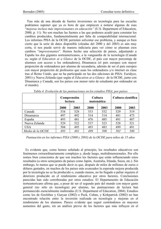 Borrador (2005) Consultar texto definitivo
Tras más de una década de fuertes inversiones en tecnología para las escuelas
podríamos suponer que ya es hora de que empiecen a notarse algunas de esas
“mejoras incluso más impresionantes en educación” (U.S. Department of Education,
2000, p. 11). No son muchas las fuentes a las que podemos acudir para constatar los
cambios producidos, fundamentalmente por falta de comparabilidad internacional.
Los informes PISA de la OCDE permiten solventar ese problema, y aunque es bien
cierto que la serie de datos disponible (oleadas del 2000 y del 2003) es aún muy
corta, sí nos puede servir de manera indiciaria para ver cómo se plasman esos
cambios “impresionantes”. Hemos hecho una selección de países, adjuntando a
España los dos gigantes norteamericanos, a la vanguardia de la tecnología (Canadá
es, según el Education at a Glance de la OCDE, el país con mayor porcentaje de
alumnos con acceso a los ordenadores), Dinamarca (el país europeo con mayor
proporción de ordenadores por alumno de secundaria, además de ser el país europeo
con mayor proporción de profesores que usan los ordenadores y/o internet en clase
tras el Reino Unido, que no ha participado en las dos ediciones de PISA: Euridyce,
2001) y Nueva Zelanda (que según el Education at a Glance de la OCDE, junto con
Dinamarca y Canadá, son los países con menor ratio de estudiante por ordenador en
el mundo).
Tabla 4. Evolución de las puntuaciones en los estudios PISA, por países
Comprensión
lectora
Cultura
matemática
Cultura científica
2000 2003 2000 2003 2000 2003
Canadá 534 528 533 532 529 519
Dinamarca 497 492 514 514 481 475
España 493 481 476 485 491 487
Nueva Zelanda 529 522 537 523 528 521
USA 504 495 493 483 499 491
Media de la OCDE 493 481 499 500 502 500
Puntuación en los informes PISA (2000 y 2003) de la OCDE para niños de 15 años
Es evidente que, como hemos señalado al principio, los resultados educativos son
fenómenos extraordinariamente complejos y, desde luego, multidimensionales. Por ello
somos bien conscientes de que son muchos los factores que están influenciando estos
resultados (u otros semejantes de países como Japón, Australia, Irlanda, Suiza, etc.). Sin
embargo, lo menos que se puede decir es que, después de miles de millones de euros o
dólares gastados, en muchos de los países más avanzados la esperada mejora producida
por la tecnología no se ha producido o, cuando menos, no ha llegado a paliar siquiera el
deterioro producido en el rendimiento educativo por otros factores. Conclusiones
parecidas han sido corroboradas por otros estudios: El Departamento de Educación
norteamericano afirma que, a pesar de ser el segundo país del mundo con mayor gasto
general (no sólo en tecnología) por alumno, las puntuaciones de lectura han
permanecido esencialmente inalteradas (U.S. Department of Education, 2004). Estudios
como los de Goolsbee y Guryan (2002) o Peck, Cuban, y Kirkpatrick (2002) no han
encontrado relación entre la inversión realizada en tecnología y mejoras en el
rendimiento de los alumnos. Parece evidente que seguir centrándonos en mayores
aumentos del gasto, sin un análisis previo de los factores que más influyen en el
 