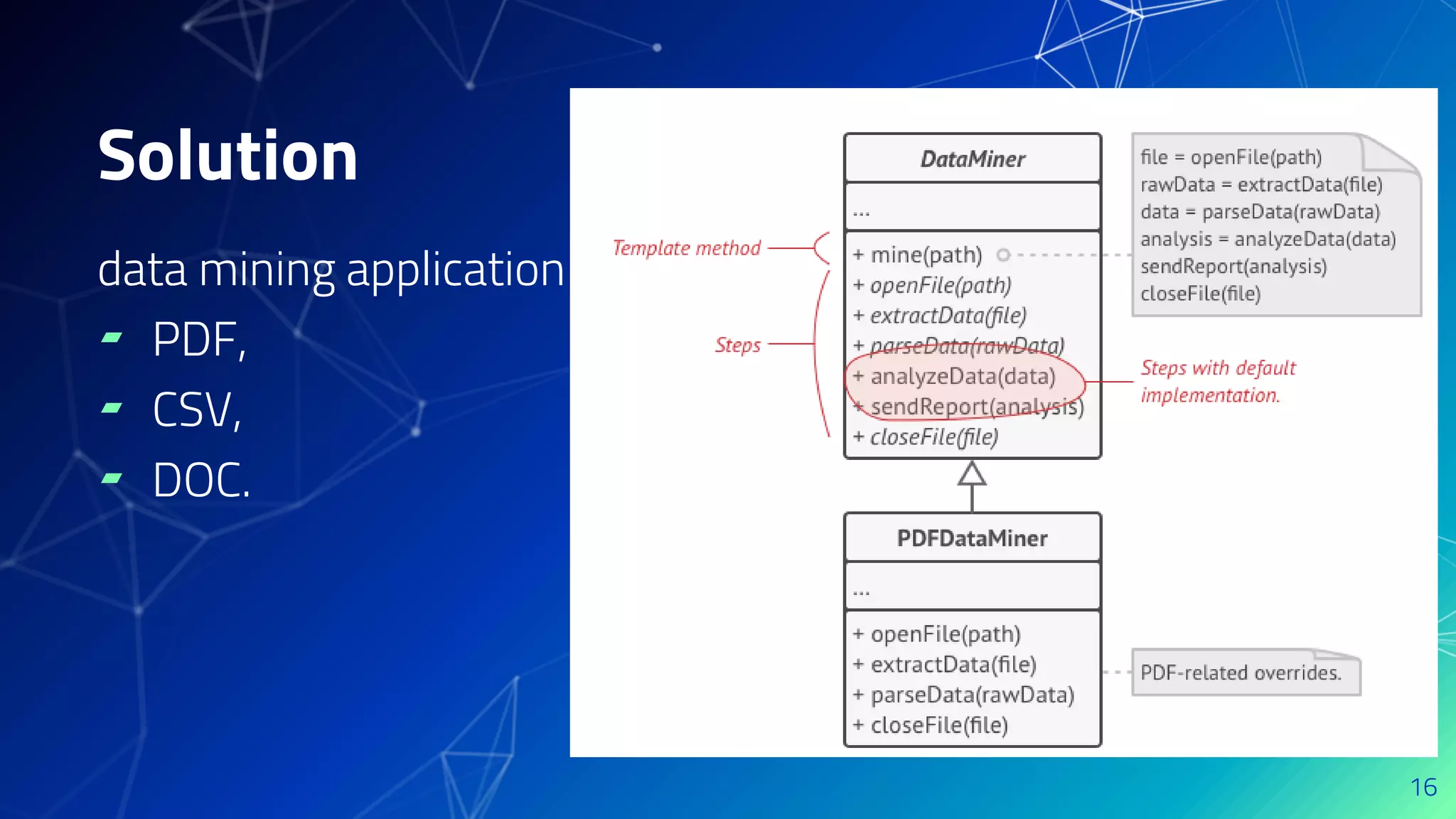 data mining application
▰ PDF,
▰ CSV,
▰ DOC.
16
Solution
 