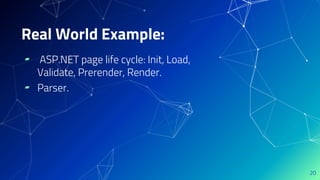 ▰ ASP.NET page life cycle: Init, Load,
Validate, Prerender, Render.
▰ Parser.
20
Real World Example:
 