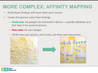 MORE  COMPLEX: AFFINITY  MAPPING
• Distill	
  down	
  findings	
  with	
  team	
  after	
  each	
  session
• Create	
  first-­‐person	
  notes	
  from	
  findings:
– Good	
  note:	
  He	
  googles his	
  institution’s	
  library	
  +	
  a	
  specific	
  database	
  as	
  a	
  
first	
  step	
  in	
  his	
  research	
  process.
– Poor	
  note:	
  He	
  uses	
  Google.
– 30-­‐60	
  notes	
  per	
  session,	
  print	
  notes,	
  pin	
  them	
  into	
  hierarchies.
 