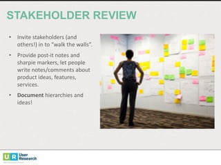 STAKEHOLDER  REVIEW
• Invite	
  stakeholders	
  (and	
  
others!)	
  in	
  to	
  “walk	
  the	
  walls”.
• Provide	
  post-­‐it	
  notes	
  and	
  
sharpie	
  markers,	
  let	
  people	
  
write	
  notes/comments	
  about	
  
product	
  ideas,	
  features,	
  
services.
• Document hierarchies	
  and	
  
ideas!
 