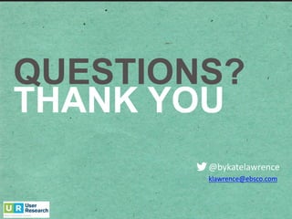 QUESTIONS?
THANK  YOU
@bykatelawrence
klawrence@ebsco.com
 