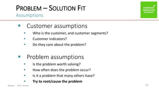 ibtiquar – Ali E. Amrani
PROBLEM – SOLUTION FIT
Assumptions
13
 Customer assumptions
 Who is the customer, and customer segments?
 Customer indicators?
 Do they care about the problem?
 Problem assumptions
 Is the problem worth solving?
 How often does the problem occur?
 Is it a problem that many others have?
 Try to root/cause the problem
 
