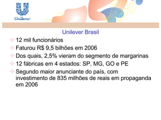 Unilever Brasil 12 mil funcionários Faturou R$ 9,5 bilhões em 2006  Dos quais, 2,5% vieram do segmento de margarinas  12 fábricas em 4 estados: SP, MG, GO e PE Segundo maior anunciante do país, com investimento de 835 milhões de reais em propaganda em 2006 