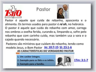 Pastor
25/01/2015 11
Pastor é aquele que cuida de rebanho, apascenta e o
alimenta. Os termos usados para pastor é ra ̀ah, no hebraico.
Jo: 10:7-15
O pastor é aquele que cuida do rebanho com amor, carrega
nos ombros a ovelha ferida, curando-a, limpando-a, sofre pelo
rebanho que com carinho cuida, mas também usa a vara e o
cajado quando necessário.
Pastores são ministros que cuidam do rebanho, tendo como
modelo Jesus, o Bom Pastor Sl: 23:1-6
1Tm: 3:1-7
 