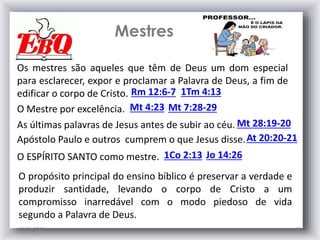Mestres
25/01/2015 12
Os mestres são aqueles que têm de Deus um dom especial
para esclarecer, expor e proclamar a Palavra de Deus, a fim de
edificar o corpo de Cristo. Rm 12:6-7
Mt 4:23
1Tm 4:13
O Mestre por excelência. Mt 7:28-29
As últimas palavras de Jesus antes de subir ao céu. Mt 28:19-20
Apóstolo Paulo e outros cumprem o que Jesus disse.At 20:20-21
O propósito principal do ensino bíblico é preservar a verdade e
produzir santidade, levando o corpo de Cristo a um
compromisso inarredável com o modo piedoso de vida
segundo a Palavra de Deus.
O ESPÍRITO SANTO como mestre. 1Co 2:13 Jo 14:26
 