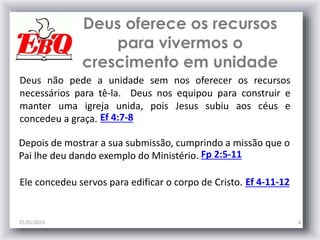 Deus oferece os recursos
para vivermos o
crescimento em unidade
25/01/2015 4
Deus não pede a unidade sem nos oferecer os recursos
necessários para tê-la. Deus nos equipou para construir e
manter uma igreja unida, pois Jesus subiu aos céus e
concedeu a graça. Ef 4:7-8
Depois de mostrar a sua submissão, cumprindo a missão que o
Pai lhe deu dando exemplo do Ministério. Fp 2:5-11
Ele concedeu servos para edificar o corpo de Cristo. Ef 4-11-12
 