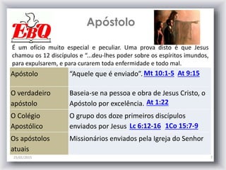 Apóstolo
25/01/2015 7
Apóstolo “Aquele que é enviado”.
O verdadeiro
apóstolo
Baseia-se na pessoa e obra de Jesus Cristo, o
Apóstolo por excelência.
O Colégio
Apostólico
O grupo dos doze primeiros discípulos
enviados por Jesus
Os apóstolos
atuais
Missionários enviados pela Igreja do Senhor
Mt 10:1-5 At 9:15
Lc 6:12-16
At 1:22
1Co 15:7-9
É um ofício muito especial e peculiar. Uma prova disto é que Jesus
chamou os 12 discípulos e “...deu-lhes poder sobre os espíritos imundos,
para expulsarem, e para curarem toda enfermidade e todo mal.
 