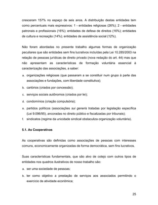 cresceram 157% no espaço de seis anos. A distribuição destas entidades tem
como percentuais mais expressivos: 1 - entidades religiosas (26%); 2 - entidades
patronais e profissionais (16%); entidades de defesa de direitos (16%); entidades
de cultura e recreação (14%); entidades de assistência social (12%).
Não foram abordadas no presente trabalho algumas formas de organização
peculiares que são entidades sem fins lucrativos incluídas pela Lei 10.285/2003 na
relação de pessoas jurídicas de direito privado (nova redação do art. 44) mas que
não apresentam as características de formação voluntária essencial à
caracterização das associações, a saber:
a. organizações religiosas (que passaram a se constituir num grupo à parte das
associações e fundações, com liberdade constitutiva);
b. cartórios (criados por concessão);
c. serviços sociais autônomos (criados por lei);
d. condomínios (criação compulsória);
e. partidos políticos (associações sui generis tratadas por legislação específica
(Lei 9.096/95), ancoradas no direito público e fiscalizadas por tribunais);
f. sindicatos (regime da unicidade sindical obstaculiza organização voluntária).
5.1. As Cooperativas
As cooperativas são definidas como associações de pessoas com interesses
comuns, economicamente organizadas de forma democrática, sem fins lucrativos.
Suas características fundamentais, que são alvo de cotejo com outros tipos de
entidades nos quadros ilustrativos de nosso trabalho são:
a. ser uma sociedade de pessoas;
b. ter como objetivo a prestação de serviços aos associados permitindo o
exercício de atividade econômica;
25
 