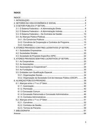 ÍNDICE
ÍNDICE .................................................................................................................... 3
1. INTRODUÇÃO .................................................................................................... 4
2. SETORES DA VIDA ECONÔMICA E SOCIAL ................................................... 6
3. O SETOR PÚBLICO (1º SETOR)........................................................................ 7
3.1. O Sistema Federativo – A Administração Direta........................................... 8
3.2. O Sistema Federativo – A Administração Indireta ........................................ 9
3.3. O Sistema Federativo – Os Contratos de Gestão....................................... 10
3.4. As Alianças Público-Públicas...................................................................... 12
3.4.1. Os Consórcios Públicos ....................................................................... 13
3.4.2. Convênios de Cooperação e Contratos de Programa.......................... 15
3.4.3. Convênios ............................................................................................ 17
4. ATORES PRIVADOS COM FINS LUCRATIVOS (2º SETOR).......................... 18
4.1. Sociedades Empresárias............................................................................ 19
4.2. Sociedades Simples ................................................................................... 20
4.3. Sociedade de Propósito Específico (SPE).................................................. 22
5. ATORES PRIVADOS SEM FINS LUCRATIVOS (3º SETOR) .......................... 24
5.1. As Cooperativas ......................................................................................... 25
5.2. As Associações .......................................................................................... 27
5.3. Associações ou Cooperativas?................................................................... 29
5.4. As Fundações............................................................................................. 30
5.5. Entidades com Qualificação Especial......................................................... 32
5.5.1. Organizações Sociais........................................................................... 34
5.5.2. Organização da Sociedade Civil de Interesse Público (OSCIP) .......... 36
6. ALIANÇAS PÚBLICO-PRIVADAS..................................................................... 38
6.1. Alianças entre o 1º e o 2º Setor.................................................................. 39
6.1.1. Autorização .......................................................................................... 40
6.1.2. Permissão ............................................................................................ 42
6.1.3 Concessão Comum............................................................................... 44
6.1.4 Concessão Patrocinada e Concessão Administrativa........................... 46
6.1.5. Contratos Administrativos .................................................................... 49
6.2. Alianças entre o 1º e o 3º Setor.................................................................. 51
6.2.1. Convênios ............................................................................................ 52
6.2.2. Contratos de Gestão ............................................................................ 57
6.2.3. Termos de Parceria.............................................................................. 59
7. BIBLIOGRAFIA ................................................................................................. 61
Anexos .................................................................................................................. 64
3
 