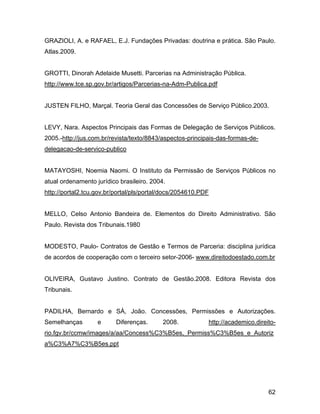 GRAZIOLI, A. e RAFAEL, E.J. Fundações Privadas: doutrina e prática. São Paulo.
Atlas.2009.
GROTTI, Dinorah Adelaide Musetti. Parcerias na Administração Pública.
http://www.tce.sp.gov.br/artigos/Parcerias-na-Adm-Publica.pdf
JUSTEN FILHO, Marçal. Teoria Geral das Concessões de Serviço Público.2003.
LEVY, Nara. Aspectos Principais das Formas de Delegação de Serviços Públicos.
2005.-http://jus.com.br/revista/texto/8843/aspectos-principais-das-formas-de-
delegacao-de-servico-publico
MATAYOSHI, Noemia Naomi. O Instituto da Permissão de Serviços Públicos no
atual ordenamento jurídico brasileiro. 2004.
http://portal2.tcu.gov.br/portal/pls/portal/docs/2054610.PDF
MELLO, Celso Antonio Bandeira de. Elementos do Direito Administrativo. São
Paulo. Revista dos Tribunais.1980
MODESTO, Paulo- Contratos de Gestão e Termos de Parceria: disciplina jurídica
de acordos de cooperação com o terceiro setor-2006- www.direitodoestado.com.br
OLIVEIRA, Gustavo Justino. Contrato de Gestão.2008. Editora Revista dos
Tribunais.
PADILHA, Bernardo e SÁ, João. Concessões, Permissões e Autorizações.
Semelhanças e Diferenças. 2008. http://academico.direito-
rio.fgv.br/ccmw/images/a/aa/Concess%C3%B5es,_Permiss%C3%B5es_e_Autoriz
a%C3%A7%C3%B5es.ppt
62
 