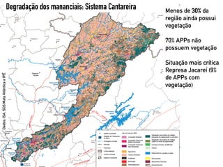 Dados:ISA,SOSMataAtlânticaeIPÊ
Menos de 30% da
região ainda possui
vegetação
70% APPs não
possuem vegetação
Situação mais crítica
Represa Jacareí (9%
de APPs com
vegetação)
Degradação dos mananciais: Sistema Cantareira
 