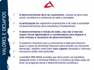 VALORES E DESAFIOS

                     O desenvolvimento deve ser sustentável, visando ao bem-estar
                     social, econômico e ambiental de toda a sociedade;

                     A participação dos segmentos empresariais e de toda a sociedade
                     no desenvolvimento sócio-econômico é fundamental;

                     O desenvolvimento é missão de todos, mas não é inercial:
                     requer forças aglutinadoras e coordenadoras para disparar o
                     ciclo virtuoso e necessário do desenvolvimento.

                     O ambiente favorável para o crescimento criado pelo Governo
                     atual e o peso da dimensão financeira para atender as crescentes
                     demandas, impõem como fator mais urgente inovações e reformas
                     estruturais ainda mais profundas.

                     A ALIANÇA PRO MINAS acredita que deve existir um equilíbrio
                     adequado entre o interesse Público e a iniciativa privada capaz de
                     levar ao progresso social e desenvolvimento econômico.
 