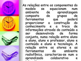 As relações entre os componentes do modelo se equacionam num ambiente de aprendizagem composto de grupos de ferramentas que poderá proporcionar a construção do conhecimento e a troca de informações através do conteúdo a ser desenvolvido de forma conjunta, numa relação entre aluno e aluno, aluno e professor, aluno e conteúdo e aluno e tecnologia. A relação entre os atores e as ferramentas do ambiente radiofônico, caracteriza-se num o aprendizado colaborativo e interativo. 