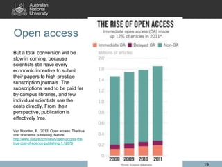 Open access
But a total conversion will be
slow in coming, because
scientists still have every
economic incentive to submit
their papers to high-prestige
subscription journals. The
subscriptions tend to be paid for
by campus libraries, and few
individual scientists see the
costs directly. From their
perspective, publication is
effectively free.
Van Noorden, R. (2013) Open access: The true
cost of science publishing, Nature,
http://www.nature.com/news/open-access-thetrue-cost-of-science-publishing-1.12676

19

 