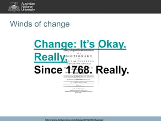 Winds of change

Change: It’s Okay.
Really.
Since 1768. Really.

http://www.britannica.com/blogs/2012/03/change/

 
