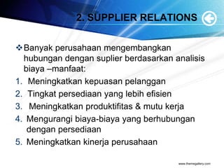 2. SUPPLIER RELATIONS
Banyak perusahaan mengembangkan
hubungan dengan suplier berdasarkan analisis
biaya –manfaat:
1. Meningkatkan kepuasan pelanggan
2. Tingkat persediaan yang lebih efisien
3. Meningkatkan produktifitas & mutu kerja
4. Mengurangi biaya-biaya yang berhubungan
dengan persediaan
5. Meningkatkan kinerja perusahaan
www.themegallery.com
 