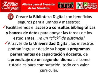 Ampliación del programa de techado de plazas cívicas en las escuelas de Educación Básica.Este Programa impactará a 1 millón 400 mil alumnos en 11 mil espacios educativos.2