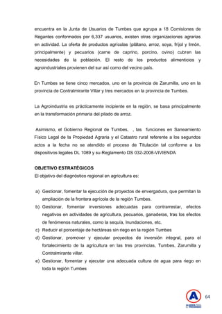 64
encuentra en la Junta de Usuarios de Tumbes que agrupa a 18 Comisiones de
Regantes conformados por 6,337 usuarios, existen otras organizaciones agrarias
en actividad. La oferta de productos agrícolas (plátano, arroz, soya, fríjol y limón,
principalmente) y pecuarios (carne de caprino, porcino, ovino) cubren las
necesidades de la población. El resto de los productos alimenticios y
agroindustriales provienen del sur así como del vecino país.
En Tumbes se tiene cinco mercados, uno en la provincia de Zarumilla, uno en la
provincia de Contralmirante Villar y tres mercados en la provincia de Tumbes.
La Agroindustria es prácticamente incipiente en la región, se basa principalmente
en la transformación primaria del pilado de arroz.
Asimismo, el Gobierno Regional de Tumbes, , las funciones en Saneamiento
Físico Legal de la Propiedad Agraria y el Catastro rural referente a los segundos
actos a la fecha no se atendido el proceso de Titulación tal conforme a los
dispositivos legales DL 1089 y su Reglamento DS 032-2008-VIVIENDA
OBJETIVO ESTRATÉGICOS
El objetivo del diagnóstico regional en agricultura es:
a) Gestionar, fomentar la ejecución de proyectos de envergadura, que permitan la
ampliación de la frontera agrícola de la región Tumbes.
b) Gestionar, fomentar inversiones adecuadas para contrarrestar, efectos
negativos en actividades de agricultura, pecuarios, ganaderas, tras los efectos
de fenómenos naturales, como la sequía, Inundaciones, etc.
c) Reducir el porcentaje de hectáreas sin riego en la región Tumbes
d) Gestionar, promover y ejecutar proyectos de inversión integral, para el
fortalecimiento de la agricultura en las tres provincias, Tumbes, Zarumilla y
Contralmirante villar.
e) Gestionar, fomentar y ejecutar una adecuada cultura de agua para riego en
toda la región Tumbes
 