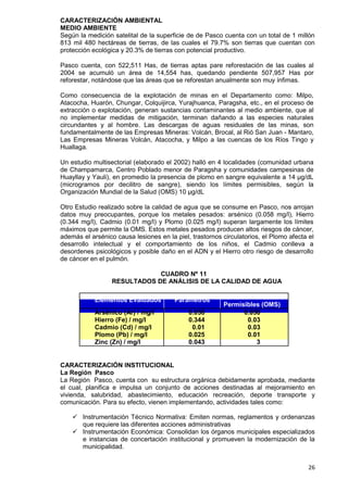 26
CARACTERIZACIÓN AMBIENTAL
MEDIO AMBIENTE
Según la medición satelital de la superficie de de Pasco cuenta con un total de 1 millón
813 mil 480 hectáreas de tierras, de las cuales el 79.7% son tierras que cuentan con
protección ecológica y 20.3% de tierras con potencial productivo.
Pasco cuenta, con 522,511 Has, de tierras aptas pare reforestación de las cuales al
2004 se acumuló un área de 14,554 has, quedando pendiente 507,957 Has por
reforestar, notándose que las áreas que se reforestan anualmente son muy ínfimas.
Como consecuencia de la explotación de minas en el Departamento como: Milpo,
Atacocha, Huarón, Chungar, Colquijirca, Yurajhuanca, Paragsha, etc., en el proceso de
extracción o explotación, generan sustancias contaminantes al medio ambiente, que al
no implementar medidas de mitigación, terminan dañando a las especies naturales
circundantes y al hombre. Las descargas de aguas residuales de las minas, son
fundamentalmente de las Empresas Mineras: Volcán, Brocal, al Rió San Juan - Mantaro,
Las Empresas Mineras Volcán, Atacocha, y Milpo a las cuencas de los Ríos Tingo y
Huallaga.
Un estudio multisectorial (elaborado el 2002) halló en 4 localidades (comunidad urbana
de Champamarca, Centro Poblado menor de Paragsha y comunidades campesinas de
Huayllay y Yauli), en promedio la presencia de plomo en sangre equivalente a 14 µg/dL
(microgramos por decilitro de sangre), siendo los límites permisibles, según la
Organización Mundial de la Salud (OMS) 10 µg/dL
Otro Estudio realizado sobre la calidad de agua que se consume en Pasco, nos arrojan
datos muy preocupantes, porque los metales pesados: arsénico (0.058 mg/l), Hierro
(0.344 mg/l), Cadmio (0.01 mg/l) y Plomo (0.025 mg/l) superan largamente los límites
máximos que permite la OMS. Estos metales pesados producen altos riesgos de cáncer,
además el arsénico causa lesiones en la piel, trastornos circulatorios, el Plomo afecta el
desarrollo intelectual y el comportamiento de los niños, el Cadmio conlleva a
desordenes psicológicos y posible daño en el ADN y el Hierro otro riesgo de desarrollo
de cáncer en el pulmón.
CUADRO Nº 11
RESULTADOS DE ANÁLISIS DE LA CALIDAD DE AGUA
Elementos Evaluados Parámetros Límites Máximos
Permisibles (OMS)
Arsénico (Ar) / mg/l 0.058 0.050
Hierro (Fe) / mg/l 0.344 0.03
Cadmio (Cd) / mg/l 0.01 0.03
Plomo (Pb) / mg/l 0.025 0.01
Zinc (Zn) / mg/l 0.043 3
CARACTERIZACIÓN INSTITUCIONAL
La Región Pasco
La Región Pasco, cuenta con su estructura orgánica debidamente aprobada, mediante
el cual, planifica e impulsa un conjunto de acciones destinadas al mejoramiento en
vivienda, salubridad, abastecimiento, educación recreación, deporte transporte y
comunicación. Para su efecto, vienen implementando, actividades tales como:
 Instrumentación Técnico Normativa: Emiten normas, reglamentos y ordenanzas
que requiere las diferentes acciones administrativas
 Instrumentación Económica: Consolidan los órganos municipales especializados
e instancias de concertación institucional y promueven la modernización de la
municipalidad.
 