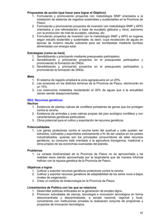 42
Propuestas de acción (que hacer para lograr el Objetivo)
1. Formulando y promoviendo proyectos con metodología SNIP orientados a la
instalación de sistemas de regadíos sostenibles y sustentables en la Provincia de
Pasco.
2. Formulando y promoviendo proyectos de inversión con metodología SNIP y APCI
orientados a una reforestación a base de eucalipto glóbulos y otros; asimismo
con la producción de miel de eucalipto, celulosa, etc.
3. Formulando proyectos de inversión con la metodología SNIP y APCI en lugares
según estudio sostenible y sustentable; es decir, cuya recolección de aguas en
épocas de invierno resulte suficiente para ser bombeadas mediante bombas
alimentadas con energía solar.
Estrategias (como se hará)
1. Sensibilizando y priorizando mediante presupuesto participativo.
2. Sensibilizando y priorizando proyectos en el presupuesto participativo y
promoviendo la formación de ONGs.
3. Sensibilizando y priorizando proyectos en el presupuesto participativo y
promoviendo la formación de ONGs.
Meta
1. El sistema de regadío ampliará la zona agropecuaria en un 25%.
2. Las erosiones en los distintos terrenos de la Provincia de Pasco, disminuirán en
un 15%.
3. Los reservorios instalados recolectarán el 30% de aguas que a la actualidad
vienen siendo desaprovechadas.
DE2: Recursos genéticos
Hechos
1. Existencia de plantas nativas de cordillera portadores de genes que los protegen
contra la rancha.
2. Existencia de animales y aves nativas propias del piso ecológico cordillera y con
características genéticas particulares.
3. Clima potencial para el cultivo y exportación de recursos genéticos.
Potencialidades
1. Los genes protectores contra la rancha tanto del queñual y colle pueden ser
extraídos, cultivados y exportados exitosamente a fin de ser usados en los países
industrializados, quienes son los principales consumidores de tales recursos
genéticos, su consumo está orientado a la agricultura transgenica, medicinal y
otros propios de las economías avanzadas del planeta.
Problemas
1. La variada biodiversidad de la Provincia de Pasco no es aprovechada y tal
realidad viene siendo aprovechada por la biopiratería que de manera informal
trafican con la riqueza genética de la Provincia de Pasco.
Objetivos a lograr
1. Cultivar y exportar recursos genéticos protectores contra la rancha.
2. Cultivar y exportar recursos genéticos de adaptabilidad de los seres vivos a bajos
niveles de oxigenación.
3. Crear un instituto de biotecnología en la Provincia de Pasco.
Lineamientos de Política con los que se relaciona
1. Desarrollar políticas enfocadas en la generación de empleo digno.
2. Promover actividades de ciencia, tecnología e innovación tecnológica en forma
desconcentrada y descentralizada, a escala nacional, regional y local,
concertando con instituciones privadas la realización conjunta de programas y
proyectos de innovación tecnológica.
 