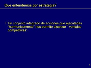 Que entendemos por estrategia? Un conjunto integrado de acciones que ejecutadas “harmonicamente” nos permite alcanzar “ ventajas competitivas”. 