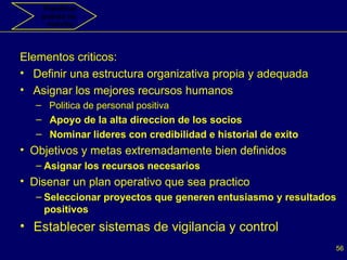 Elementos criticos: Definir una estructura organizativa propia y adequada Asignar los mejores recursos humanos Politica de personal positiva Apoyo de la alta direccion de los socios  Nominar lideres con credibilidad e historial de exito Objetivos y metas extremadamente bien definidos Asignar los recursos necesarios  Disenar un plan operativo que sea practico Seleccionar proyectos que generen entusiasmo y resultados positivos Establecer sistemas de vigilancia y control Planificar puesta en  marcha 