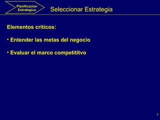 Seleccionar Estrategia Elementos criticos: Entender las metas del negocio Evaluar el marco competititvo Planificacion Estrategica 