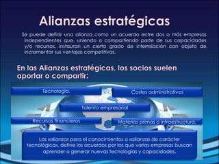 Se puede definir una alianza como un acuerdo entre dos o más empresas
independientes que, uniendo o compartiendo parte de sus capacidades
y/o recursos, instauran un cierto grado de interrelación con objeto de
incrementar sus ventajas competitivas.
Materias primas o infraestructura.
Costes administrativosTecnología.
Talento empresarial
Recursos financieros
Las «alianzas para el conocimiento» o «alianzas de carácter
tecnológico», define los acuerdos por los que varias empresas buscan
aprender o generar nuevas tecnologías y capacidades.
 