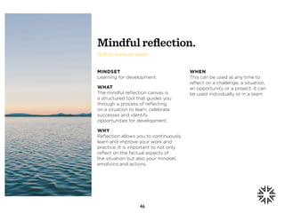 46
20
MINDSET
Learning for development.
WHAT
The mindful reﬂection canvas is
a structured tool that guides you
through a p...