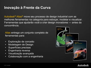 Inovação à Frente da CurvaAutodesk® Alias®move seuprocesso de design industrial com as melhoresferramentasnacategoriaparaesboçar, modelar e visualizar. Ferramentasqueajudarãovocê a criar design inovadores — antes da concorrência. Aliasentrega um conjuntocompleto de ferramentaspara:Exploração de conceito