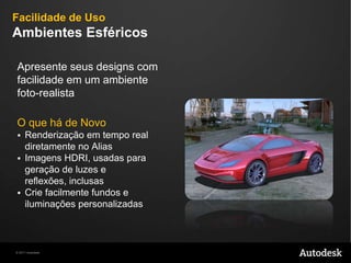 Autodesk Alias 2012Flexibilidade & Produtividade no Design* Incluso com o Autodesk® Alias® Design e o Autodesk® Alias® Automotive 2012** Disponívelapenas com no Autodesk® Alias®Surface e no Autodesk® Alias® Automotive 2012