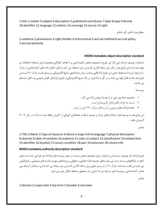 6
1.title 2.creater 3.subject 4.description 5.publisher6.contributor 7.date 8.type 9.format
10.identifier 11.language 12.relation 13.coverage 14.source 15.right
‫سطح‬
‫و‬
‫ی‬
‫ژه‬
‫دابل‬
‫ی‬
‫ن‬
‫عناصر‬ ‫کور‬
1.audience 2.provenance 3.right sholder 4.instructional 5.accrual method 6.accrual policy
7.accrual periocity
MODS:metadata object description standard
‫استاندارد‬
‫توص‬
‫ی‬
‫ف‬
‫ش‬ ‫ابرداده‬
‫ی‬
‫گرا‬
:
‫ا‬
‫ی‬
‫ن‬
‫کتابشناخت‬ ‫عناصر‬ ‫مجموعه‬ ‫با‬ ‫طرح‬
‫ی‬
‫برا‬ ‫مخصوصا‬،‫گوناگون‬ ‫اهداف‬ ‫با‬ ‫و‬
‫ی‬
‫کتاب‬ ‫استفاده‬
‫ا‬ ‫خانه‬
‫ی‬
‫ته‬
‫ی‬
‫ه‬
‫ا‬.‫است‬ ‫شده‬
‫ی‬
‫ن‬
‫از‬ ‫هم‬ ‫طرح‬
‫ی‬
‫ک‬
‫گذار‬ ‫نشانه‬ ‫زبان‬
‫ی‬
‫پذ‬ ‫گسترش‬
‫ی‬
‫ر‬
‫م‬ ‫استفاده‬
‫ی‬
‫ها‬ ‫داده‬ ‫انتقال‬ ‫امکان‬ ‫و‬ ‫کند‬
‫ی‬
‫کتابشناخت‬
‫ی‬
‫مارک‬ ‫از‬
‫اصل‬ ‫هدف‬.‫است‬ ‫آورده‬ ‫وجود‬ ‫به‬ ‫را‬
‫ی‬
‫ا‬
‫ی‬
‫ن‬
‫قالب‬ ‫ارائه‬ ‫طرح‬
‫ی‬
‫مناس‬
‫ب‬
‫برا‬
‫ی‬
‫سازمانده‬
‫ی‬
‫الکترون‬ ‫منابع‬
‫ی‬
‫ک‬
‫ی‬
‫مبنا‬ ‫بر‬
‫ی‬
‫مارک‬ ‫فرمت‬
21
‫ا‬.‫است‬
‫ی‬
‫ن‬
‫م‬ ‫فهم‬ ‫قابل‬ ‫و‬ ‫ساده‬ ‫هم‬ ‫طرح‬
‫ی‬
‫جاساز‬ ‫با‬ ‫کل‬ ‫در‬ ‫و‬ ‫باشد‬
‫ی‬
‫در‬
‫ی‬
‫ک‬
‫الکترون‬ ‫منبع‬
‫ی‬
‫ک‬
‫ی‬
‫از‬،
‫طر‬
‫ی‬
‫ق‬
‫ابزارها‬
‫ی‬
‫عموم‬ ‫کاوش‬
‫ی‬
‫جستجو‬ ‫قابل‬ ‫وب‬
‫م‬
‫ی‬
‫باشند‬
.
‫جنبه‬
‫ها‬
:
1
.
‫عناصر‬ ‫مجموعه‬
‫ی‬
‫غن‬
‫ی‬
‫دوبل‬ ‫هسته‬ ‫از‬ ‫تر‬
‫ی‬
‫ن‬
‫م‬ ‫ارائه‬
‫ی‬
‫کند‬
.
2
.
‫ا‬ ‫مارک‬ ‫به‬ ‫نسبت‬
‫ی‬
‫کس‬
‫است‬ ‫کاربرمدارتر‬ ‫ال‬.‫ام‬.
.
3
.
‫ا‬
‫ی‬
‫جاد‬
‫ها‬ ‫فراداده‬
‫ی‬
‫مبتن‬
‫ی‬
‫مارک‬ ‫قالب‬ ‫از‬ ‫آن‬ ‫بر‬
21
‫است‬ ‫تر‬ ‫آسان‬
.
‫ا‬
‫ی‬
‫ن‬
‫وس‬ ‫به‬ ‫هم‬ ‫طرح‬
‫ی‬
‫له‬
‫استانداردها‬ ‫دفتر‬
‫ی‬
‫باهمکار‬ ‫و‬ ‫شبکه‬ ‫توسعه‬ ‫و‬ ‫مارک‬
‫ی‬
‫گروه‬
‫ی‬
‫سال‬ ‫در‬ ‫مارک‬ ‫به‬ ‫مند‬ ‫علاقه‬ ‫کاربران‬ ‫از‬
2112
‫گسترش‬
‫ی‬
‫افت‬
.
‫عناصر‬
1.Title 2.Name 3.Type of resource 4.Genre 5.origin info 6.language 7.physical description
8.abstract 9.table of contents 10.audience 11.note 12.subject 13.classification 14.related item
15.identifier 16.location 17.access condition 18.part 19.extension 20.record info
MADS:metadata authority description standard
‫طرح‬
‫ا‬ ‫فراداده‬
‫ی‬
‫توص‬
‫ی‬
‫ف‬
‫مستند‬
:
‫ا‬
‫ی‬
‫ن‬
‫برا‬ ‫استاندارد‬
‫ی‬
‫ته‬ ‫در‬ ‫مستند‬ ‫عناصر‬ ‫مجموعه‬
‫ی‬
‫ه‬
‫پ‬
‫ی‬
‫ش‬
‫ی‬
‫نه‬
‫ها‬
‫ی‬
‫ا‬ ‫فراداده‬
‫ی‬
‫طراح‬
‫ی‬
‫نظ‬.‫است‬ ‫شده‬
‫ی‬
‫ر‬
‫پا‬ ‫در‬ ‫آنچه‬
‫ی‬
‫گاهها‬
‫ی‬
‫د‬ ‫مستند‬
‫ی‬
‫ده‬
‫م‬
‫ی‬
‫توص‬ ‫منظور‬.‫شود‬
‫ی‬
‫ف‬
‫حق‬ ‫افراد‬
‫ی‬
‫ق‬
‫ی‬
‫حقوق‬ ‫و‬
‫ی‬
‫رو‬ ‫و‬
‫ی‬
‫دادها‬
‫ی‬
‫ها‬ ‫شناسه‬ ‫و‬ ‫مهم‬
‫ی‬
‫موضوع‬
‫ی‬
‫جغراف‬ ‫و‬
‫ی‬
‫ا‬
‫یی‬
‫م‬
‫ی‬
‫ا‬.‫باشد‬
‫ی‬
‫ن‬
‫مارک‬ ‫مستندات‬ ‫قالب‬
21
‫نحو‬ ‫بستر‬ ‫در‬ ‫را‬
‫ی‬
‫زبان‬
‫نشانه‬
‫گذار‬
‫ی‬
‫پذ‬ ‫گسترش‬
‫ی‬
‫ر‬
‫ا‬
‫ی‬
‫جاد‬
‫م‬
‫ی‬
‫ا‬ ‫با‬.‫کند‬
‫ی‬
‫ن‬
‫ب‬ ‫ارتباط‬ ‫استاندارد‬
‫ی‬
‫ن‬
‫کتا‬ ‫عناصر‬
‫بشناخت‬
‫ی‬
‫پ‬ ‫و‬
‫ی‬
‫ش‬
‫ی‬
‫نه‬
‫ها‬
‫ی‬
‫ن‬ ‫مرتبط‬
‫ی‬
‫ز‬
‫آسان‬ ‫به‬
‫ی‬
‫مح‬ ‫در‬ ‫و‬
‫ی‬
‫ط‬
‫ی‬
‫پذ‬ ‫امکان‬ ‫منعطف‬
‫ی‬
‫ر‬
‫م‬
‫ی‬
‫شود‬
.
‫عناصر‬
1.domain 2.scope note 3.top term 5.broader 6.narrower
 