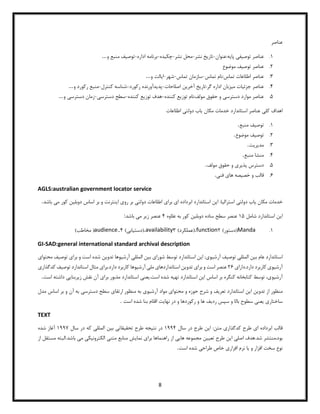 8
‫عناصر‬
1
.
‫عناصر‬
‫توص‬
‫ی‬
‫ف‬
‫ی‬
‫پا‬
‫ی‬
‫ه‬
‫عنوان‬:
-
‫تار‬
‫ی‬
‫خ‬
‫نشر‬
-
‫نشر‬ ‫محل‬
-
‫چک‬
‫ی‬
‫ده‬
-
‫اداره‬ ‫برنامه‬
-
‫توص‬
‫ی‬
‫ف‬
‫و‬ ‫منبع‬
...
2
.
‫توص‬ ‫عناصر‬
‫ی‬
‫ف‬
‫موضوع‬
3
.
‫تماس‬ ‫نام‬:‫تماس‬ ‫اطلاعات‬ ‫عناصر‬
-
‫تماس‬ ‫سازمان‬
-
‫شهر‬
-
‫ا‬
‫ی‬
‫الت‬
‫و‬
...
4
.
‫جزئ‬ ‫عناصر‬
‫ی‬
‫ات‬
‫م‬
‫ی‬
‫زبان‬
‫تار‬:‫گر‬ ‫اداره‬
‫ی‬
‫خ‬
‫آخر‬
‫ی‬
‫ن‬
‫اصلاحات‬
-
‫پد‬
‫ی‬
‫دآورنده‬
‫رکورد‬
-
‫کنترل‬ ‫شناسه‬
-
‫و‬ ‫رکورد‬ ‫منبع‬
...
5
.
‫موارد‬ ‫عناصر‬
‫دسترس‬
‫ی‬
‫توز‬ ‫نام‬:‫مولف‬ ‫حقوق‬ ‫و‬
‫ی‬
‫ع‬
‫کننده‬
-
‫توز‬ ‫هدف‬
‫ی‬
‫ع‬
‫کننده‬
-
‫دسترس‬ ‫سطح‬
‫ی‬
-
‫دسترس‬ ‫زمان‬
‫ی‬
‫و‬
...
‫اهداف‬
‫کل‬
‫ی‬
‫مکان‬ ‫خدمات‬ ‫استاندارد‬ ‫عناصر‬
‫ی‬
‫اب‬
‫دولت‬
‫ی‬
‫اطلاعات‬
1
.
‫توص‬
‫ی‬
‫ف‬
‫منبع‬
.
2
.
‫توص‬
‫ی‬
‫ف‬
‫موضوع‬
.
3
.
‫مد‬
‫ی‬
‫ر‬
‫ی‬
‫ت‬
.
4
.
‫منبع‬ ‫منشا‬
.
5
.
‫پذ‬ ‫دسترس‬
‫ی‬
‫ر‬
‫ی‬
‫مولف‬ ‫حقوق‬ ‫و‬
.
9
.
‫خص‬ ‫و‬ ‫قالب‬
‫ی‬
‫صه‬
‫ها‬
‫ی‬
‫فن‬
‫ی‬
.
AGLS:australian government locator service
‫خدمات‬
‫مکان‬
‫ی‬
‫اب‬
‫دولت‬
‫ی‬
‫استرال‬
‫ی‬
‫ا‬
:
‫ا‬
‫ی‬
‫ن‬
‫ا‬ ‫ابرداده‬ ‫استاندارد‬
‫ی‬
‫برا‬
‫ی‬
‫دولت‬ ‫اطلاعات‬
‫ی‬
‫رو‬ ‫بر‬
‫ی‬
‫ا‬
‫ی‬
‫نترنت‬
‫دوبل‬ ‫اساس‬ ‫بر‬ ‫و‬
‫ی‬
‫ن‬
‫م‬ ‫کور‬
‫ی‬
‫باشد‬
.
‫ا‬
‫ی‬
‫ن‬
‫شامل‬ ‫استاندارد‬
15
‫دوبل‬ ‫ساده‬ ‫سطح‬ ‫عنصر‬
‫ی‬
‫ن‬
‫علاوه‬ ‫به‬ ‫کور‬
4
‫ز‬ ‫عنصر‬
‫ی‬
‫ر‬
‫م‬
‫ی‬
‫باشد‬
:
1
.
Manda
)‫(دستور‬
2
.function
)‫(عملکرد‬
3
.availability
‫(دست‬
‫ی‬
‫اب‬
‫ی‬
)
4
.
.
audience
(
‫مخاطب‬
)
GI-SAD:general international standard archival description
‫استاندارد‬
‫ب‬ ‫عام‬
‫ی‬
‫ن‬
‫الملل‬
‫ی‬
‫توص‬
‫ی‬
‫ف‬
‫آرش‬
‫ی‬
‫و‬
‫ی‬
:
‫ا‬
‫ی‬
‫ن‬
‫شورا‬ ‫توسط‬ ‫استاندارد‬
‫ی‬
‫ب‬
‫ی‬
‫ن‬
‫الملل‬
‫ی‬
‫آرش‬
‫ی‬
‫وها‬
‫تدو‬
‫ی‬
‫ن‬
‫برا‬ ‫و‬ ‫است‬ ‫شده‬
‫ی‬
‫تو‬
‫ص‬
‫ی‬
‫ف‬
‫محتوا‬
‫ی‬
‫آرش‬
‫ی‬
‫و‬
‫ی‬
‫دارا‬.‫دارد‬ ‫کاربرد‬
‫ی‬
29
‫برا‬ ‫و‬ ‫است‬ ‫عنصر‬
‫ی‬
‫تدو‬
‫ی‬
‫ن‬
‫استانداردها‬
‫ی‬
‫مل‬
‫ی‬
‫آرش‬
‫ی‬
‫وها‬
‫برا‬.‫دارد‬ ‫کاربرد‬
‫ی‬
‫توص‬ ‫استاندارد‬ ‫مثال‬
‫ی‬
‫ف‬
‫کدگ‬
‫ذار‬
‫ی‬
‫آرش‬
‫ی‬
‫و‬
‫ی‬
،
‫ا‬ ‫اساس‬ ‫بر‬ ‫کنگره‬ ‫کتابخانه‬ ‫توسط‬
‫ی‬
‫ن‬
‫ته‬ ‫استاندارد‬
‫ی‬
‫ه‬
‫شد‬
‫ه‬
.‫است‬
‫ی‬
‫عن‬
‫ی‬
‫برا‬ ‫مذبور‬ ‫استاندارد‬
‫ی‬
‫ز‬ ‫نقش‬ ‫آن‬
‫ی‬
‫ربنا‬
‫یی‬
‫د‬
‫است‬ ‫اشته‬
.
‫منظور‬
‫تدو‬ ‫از‬
‫ی‬
‫ن‬
‫ا‬
‫ی‬
‫ن‬
‫تعر‬ ‫استاندارد‬
‫ی‬
‫ف‬
‫محتوا‬ ‫و‬ ‫حوزه‬ ‫شرح‬ ‫و‬
‫ی‬
‫آرش‬ ‫مواد‬
‫ی‬
‫و‬
‫ی‬
‫ارتقا‬ ‫منظور‬ ‫به‬
‫ی‬
‫دسترس‬ ‫سطح‬
‫ی‬
‫مدل‬ ‫اساس‬ ‫بر‬ ‫و‬ ‫آن‬ ‫به‬
‫ساختار‬
‫ی‬
‫ی‬
‫عن‬
‫ی‬
‫رد‬ ‫سپس‬ ‫و‬ ‫بالا‬ ‫سطوح‬
‫ی‬
‫ف‬
‫نها‬ ‫در‬ ‫و‬ ‫رکوردها‬ ‫و‬ ‫ها‬
‫ی‬
‫ت‬
‫است‬ ‫شده‬ ‫بنا‬ ‫اقلام‬
.
TEXT
‫قالب‬
‫ا‬ ‫ابرداده‬
‫ی‬
‫کدگذار‬ ‫طرح‬
‫ی‬
‫متن‬
:
‫ا‬
‫ی‬
‫ن‬
‫سال‬ ‫در‬ ‫طرح‬
1114
‫نت‬ ‫در‬
‫ی‬
‫جه‬
‫تحق‬ ‫طرح‬
‫ی‬
‫قات‬
‫ی‬
‫ب‬
‫ی‬
‫ن‬
‫الملل‬
‫ی‬
‫سال‬ ‫در‬ ‫که‬
1117
‫شده‬ ‫آغاز‬
‫اصل‬ ‫هدف‬.‫شد‬ ‫منتشر‬،‫بود‬
‫ی‬
‫ا‬
‫ی‬
‫ن‬
‫تع‬ ‫طرح‬
‫یی‬
‫ن‬
‫ها‬ ‫مجموعه‬
‫یی‬
‫برا‬ ‫راهنماها‬ ‫از‬
‫ی‬
‫نما‬
‫ی‬
‫ش‬
‫متن‬ ‫منابع‬
‫ی‬
‫الکترون‬
‫ی‬
‫ک‬
‫ی‬
‫م‬
‫ی‬
‫مس‬ ‫البته‬.‫باشد‬
‫از‬ ‫تقل‬
‫و‬ ‫افزار‬ ‫سخت‬ ‫نوع‬
‫ی‬
‫ا‬
‫افزار‬ ‫نرم‬
‫ی‬
‫طراح‬ ‫خاص‬
‫ی‬
‫است‬ ‫شده‬
.
 