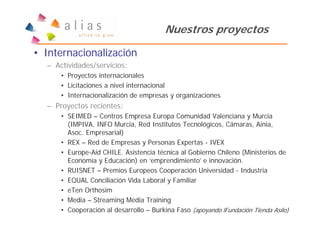 Nuestros proyectos

• Internacionalización
  – Actividades/servicios:
      • Proyectos internacionales
      • Licitaciones a nivel internacional
      • Internacionalización de empresas y organizaciones
  – Proyectos recientes:
      • SEIMED – Centros Empresa Europa Comunidad Valenciana y Murcia
        (IMPIVA, INFO Murcia, Red Institutos Tecnológicos, Cámaras, Ainia,
        Asoc. Empresarial)
      • REX – Red de Empresas y Personas Expertas - IVEX
      • Europe-Aid CHILE. Asistencia técnica al Gobierno Chileno (Ministerios de
        Economía y Educación) en ‘emprendimiento’ e innovación.
      • RUISNET – Premios Europeos Cooperación Universidad - Industria
      • EQUAL Conciliación Vida Laboral y Familiar
      • eTen Orthosim
      • Media – Streaming Media Training
      • Cooperación al desarrollo – Burkina Faso (apoyando lFundación Tienda Asilo)
 