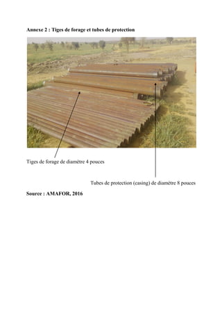 Annexe 2 : Tiges de forage et tubes de protection
Tiges de forage de diamètre 4 pouces
Tubes de protection (casing) de diamètre 8 pouces
Source : AMAFOR, 2016
 