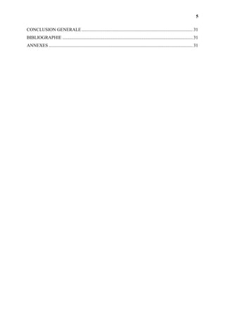 5
CONCLUSION GENERALE.................................................................................................. 31
BIBLIOGRAPHIE ................................................................................................................... 31
ANNEXES ............................................................................................................................... 31
 