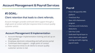 Account Management & Implementation
• Account Manager implementation training and set up on
Aliat systems
• Employee electronic onboarding and self-service portal
• Continued client support – single point of contact
• Fast response times to all clients to ensure quality
customer service is met
#1 GOAL:
Client retention that leads to client referrals.
Account managers provide continued client support through a
single point of contact with fast response times to ensure quality
customer service.
Payroll
✓ Prism HR payroll & HRIS
platform
✓ TimeClock Plus
✓ Slavic 401k Retirement
program
✓ Voluntary and involuntary
deductions
✓ Sole Visa Cards
✓ Dedicated Payroll team to
assist clients with payroll
training and with ongoing
payroll needs
Account Management & Payroll Services
 